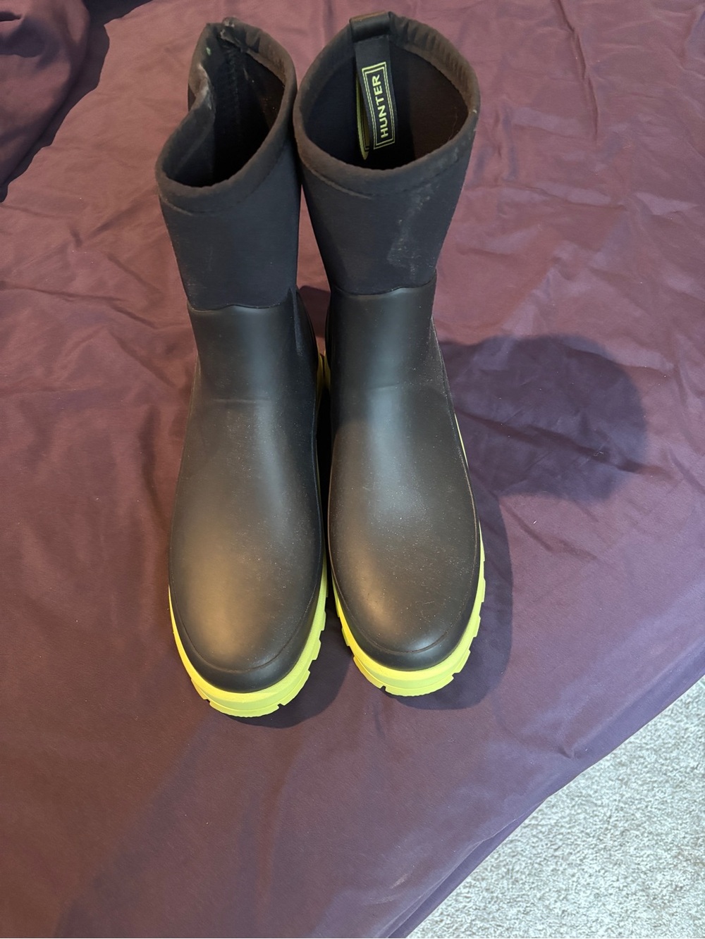 Hunter Women’s Black Boots with Neon Yellow Sole